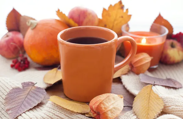 橙色咖啡杯子上秋天的落叶 — 图库照片