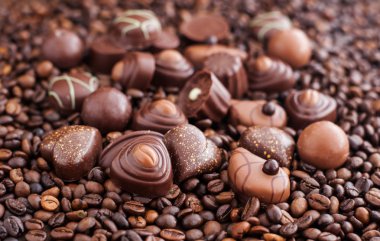 kahve çekirdekleri arka planda çeşitli çikolatalı pralin