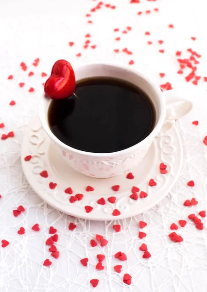 White cup of coffee decorated with red heart — Stock Photo, Image