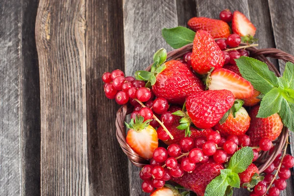 Fresh strawberry and redcurrant in a basket — Stock Photo, Image