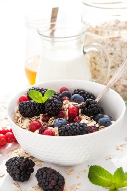 Tahıl gevreği ve taze böğürtlenli sağlıklı kahvaltı