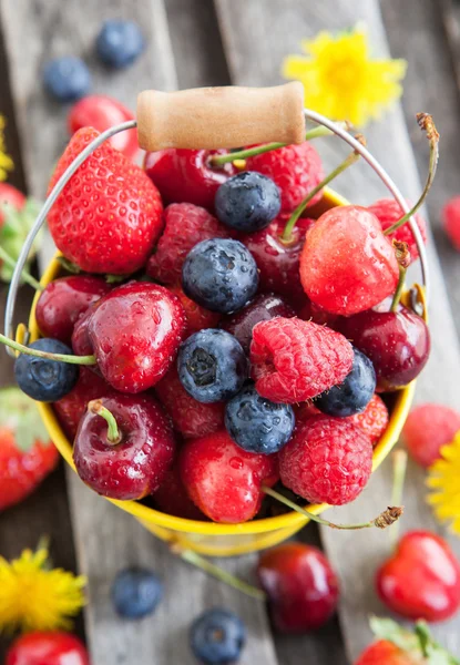 Fresh summer berries in a bucket — Stock Photo, Image