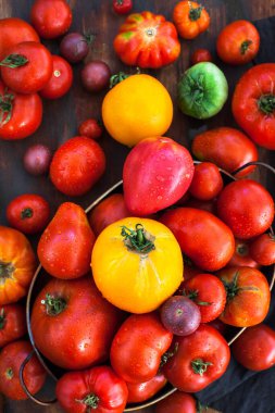 Kırsal zeminde taze kırmızı ve sarı domatesler.