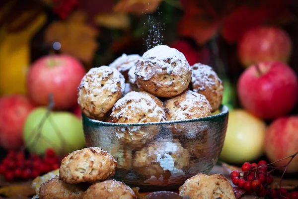 Hemlagade Läckra Äpple Cookies Rustik Höst Bakgrund — Stockfoto