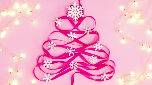 Blinking Lights Creative Christmas Tree Made Pink Ribbon Stop Motion — Stock Video