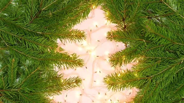 有创意的圣诞树形状由松枝和闪烁的灯做成 停止运动 — 图库视频影像
