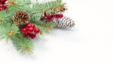 Beyaz arka planda Noel aranjmanı. Firavun dalları kutsal böğürtlenler ve yanıp sönen ışıklar. Hareketi durdur
