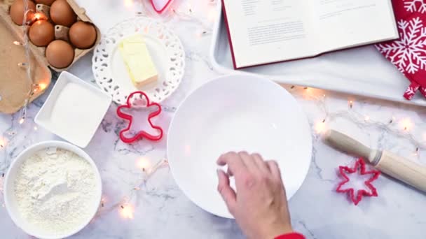 Czytanie Przepis Wylewanie Mąki Misce Podejmowania Tradycyjnych Christmas Pierniki Ciasteczka — Wideo stockowe