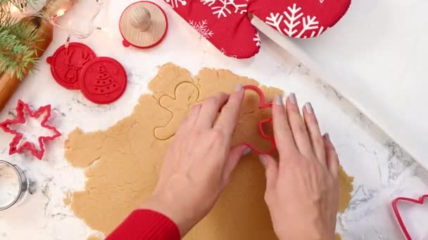 Making Shapes Gingerbread Man Dough Christmas Cookies — Stock Video