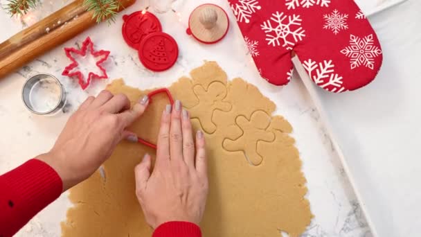 Making Shapes Dough Christmas Gingerbread Cookies Making Homemade Christmas Sweets — Stock Video