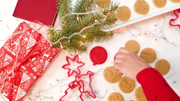 Διακόσμηση Χριστουγεννιάτικων Μπισκότων Σφραγίδα Διάφορα Σχήματα Φτιάχνοντας Χριστουγεννιάτικα Μπισκότα — Αρχείο Βίντεο