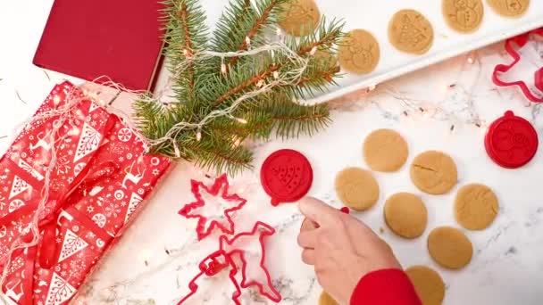 Dekorowanie Świąteczne Ciasteczka Piernikowe Pieczątką Różnych Kształtach Świątecznych Pieczenie Ciasteczek — Wideo stockowe