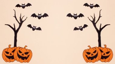 Cadılar Bayramı Durma Hareketi Ürkütücü ağaç, balkabakları ve yarasalar uçuşuyor 