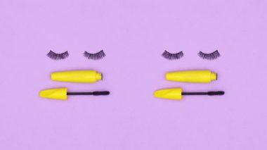 Mor temalı sarı rimel ile göz kırpan kirpikleri. Hareketi durdur