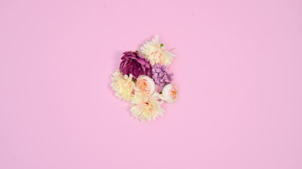 Цветущие Весенние Цветы Придают Сердцу Форму Пастельно Розовую Тему Стоп — стоковое видео