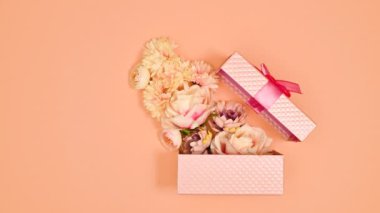 Pastel pembe hediye ve kurdele pastel turuncu temada görünür ve çiçekler hediyeden çıkar. Hareketi durdur
