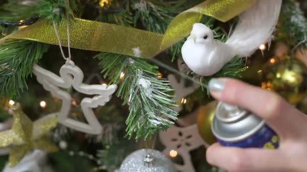 クリスマスと大晦日のための偽の雪のスプレーでクリスマスツリーの枝を飾る スローモーション — ストック動画