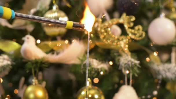 Accendi Fuoco Scintillante Del Bengala Davanti All Albero Natale Decorato — Video Stock