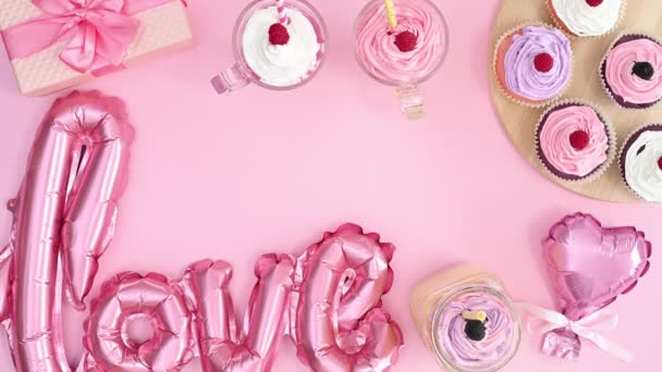 Romantic Balloons Gifts Cup Cakes Make Valentine Day Frame Text — Stock Video