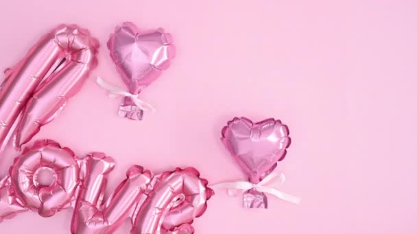 Valentine Day Love Heart Balloons Appear Pastel Pink Theme Stop — Stock Video