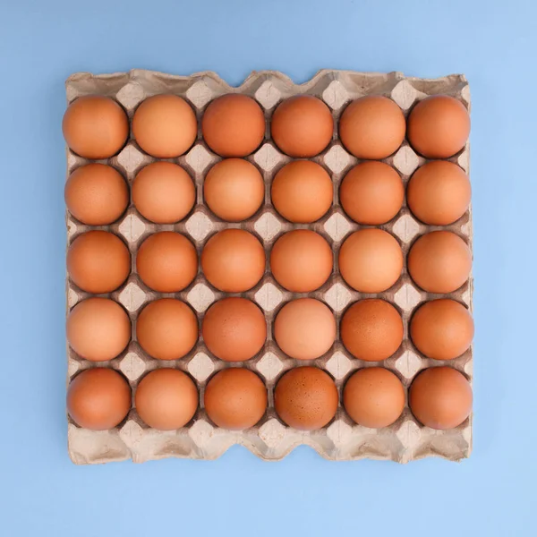 Caja Cartón Con Huevos Naturales Frescos Sobre Fondo Azul Pastel — Foto de Stock