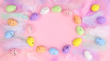 Paskalya yumurtaları çerçevesi ve tüyleri olan zarif yaratıcı fotokopi alanı pembe arka planı. Yaratıcı düz döşeme düzeni.