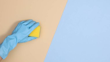 Elinde kauçuk mavi eldivenlerle Pastel bej ve mavi arka planda temizlik kaşığı tutuyordu. FLat kopyalama alanı