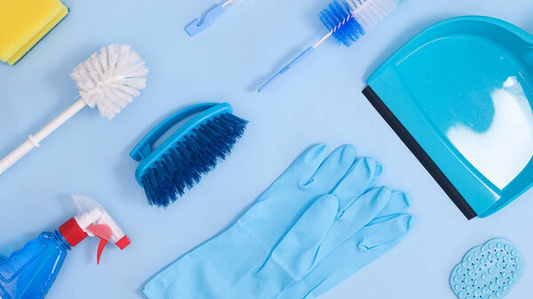 Creative pattern and layout with zero waste domestic cleaning tools. Flat lay minimal concept