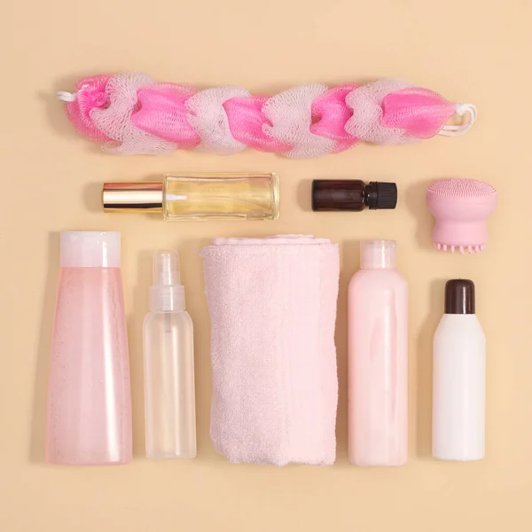 Kosmetika Péče Pleť Lázeňské Produkty Vzor Pastelově Béžovém Pozadí Plocha — Stock fotografie