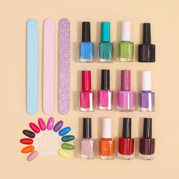 Creative Layout Manicure Set Nail Polish Bottles Various Colors Pastel — Stock Photo, Image