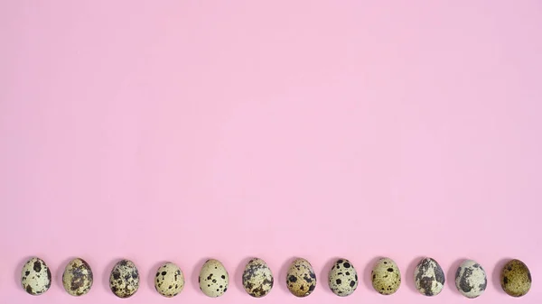 Pastel Pembe Arka Planda Bıldırcın Doğal Yumurtaları Yaratıcı Kopyalama Alanı — Stok fotoğraf