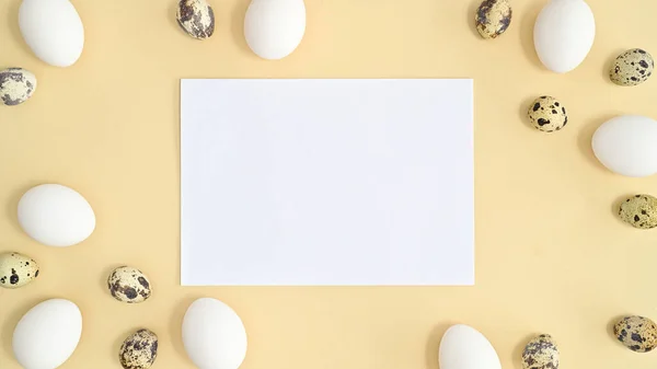 Velikonoce Kopírovat Prostor Papír Pastelově Béžové Pozadí Bílými Křepelčí Vejce — Stock fotografie