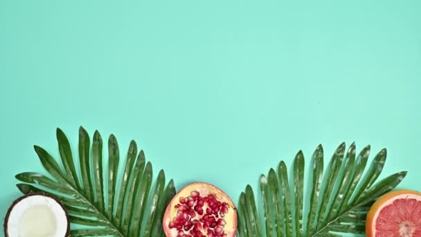 Summer Composition Natural Palm Leaves Exotic Fruits Cyan Background Stop — Vídeo de Stock