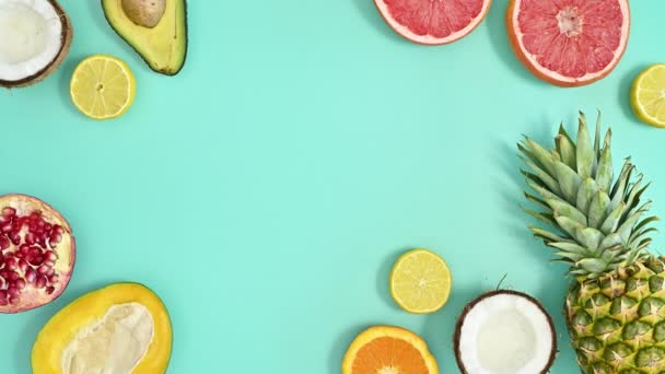 Summer Tropic Frame Exotic Fruits Cyan Background Creative Copy Space — Video Stock