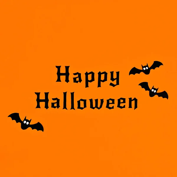 Simple Minimal Happy Halloween Greeting Card Text Bats Orange Background — Stockfoto
