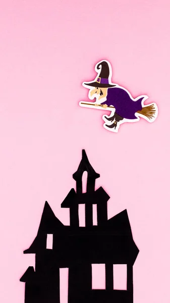 Creepy Horor House Witch Pastel Pink Background Flat Lay Creative — Zdjęcie stockowe
