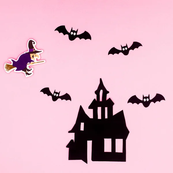 Creative Pastel Pinkbackground Creepy House Bats Witch Halloween Holidays Flat — 스톡 사진