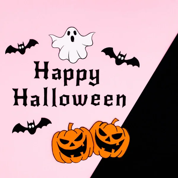 Happy Halloween Text Pumpkins Ghosts Bats Pastel Pink Dark Black — Stockfoto
