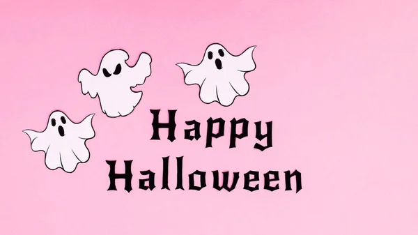 Happy Halloween Text Ghosts Pastel Pink Background Flat Lay — Stok fotoğraf