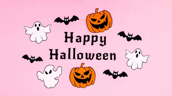 Pastel Pink Background Happy Halloween Text Surrounded Creepy Stickers Flat — Stockfoto