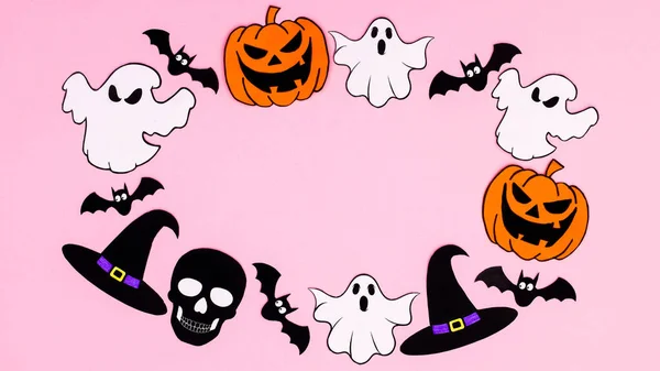 Creative Copy Space Frame Creepy Halloween Stickers Pastel Pink Background — 스톡 사진