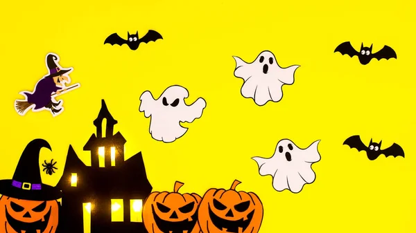 Halloween Pattern Creepy Stickers Yellow Background Flat Lay Autumn Holidays — Stok fotoğraf