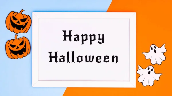Creative Happy Halloween Frame Horor Pumpkins Ghosts Blue Orange Background — Stock Photo, Image