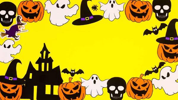 Creative Halloween Frame Made Various Scary Stickers Yellow Background Copy — 스톡 사진