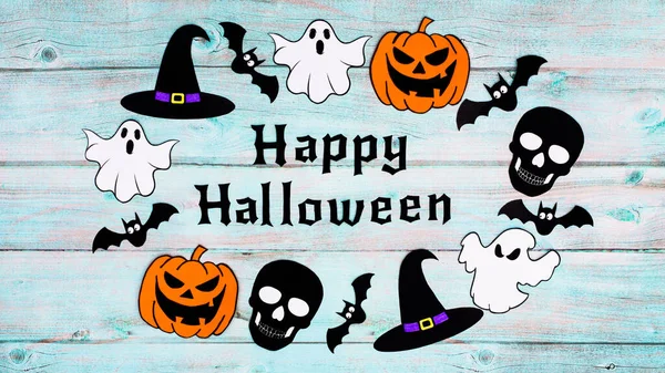 Wooden Blue Background Happy Halloween Text Surrounded Creepy Stickers Flat — Stockfoto