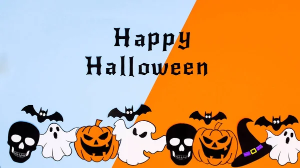 Happy Halloween Blue Orange Background Scary Stickers Bottom Flat Lay — 스톡 사진