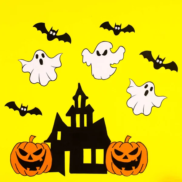 Yellow Background Creative Arrangement Creepy Halloween Stickers Flat Lay — 스톡 사진