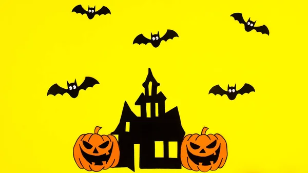 Yellow Background Creative Arrangement Creepy Halloween Stickers Copy Space Flat — 스톡 사진