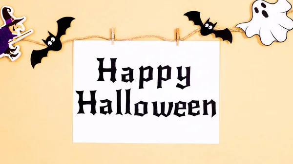 Creative Paper Card Happy Halloween Text Hanged Rope Scary Stickers — Foto de Stock