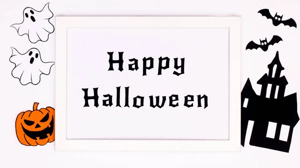 Halloween Background Creepy House Stickers White Theme Happy Halloween Text — Stockfoto